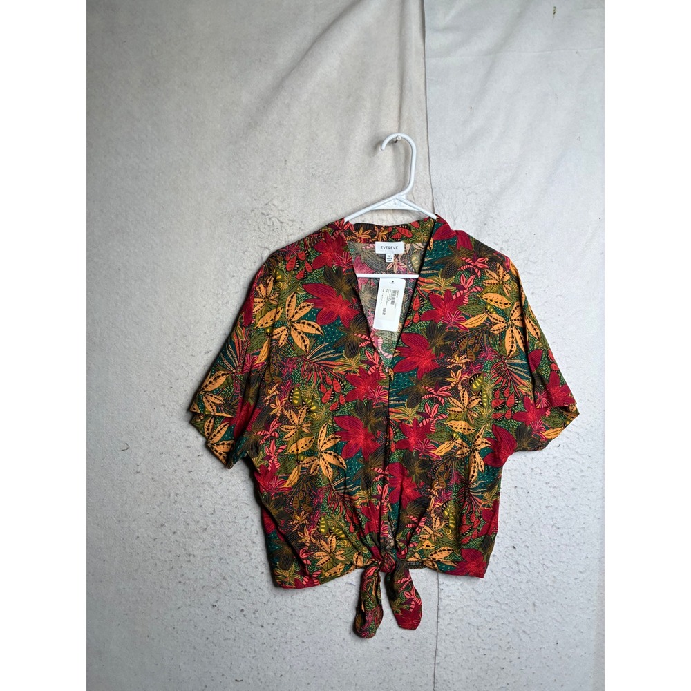 NWT Evereve Mazey Tie Front Top Orange Tropical Floral Rayon WTP119250-E-SL L